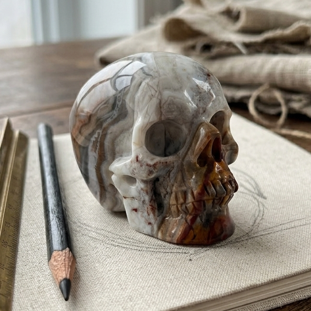 Main view of a 3-inch Red Crazy Lace Agate human skull carving