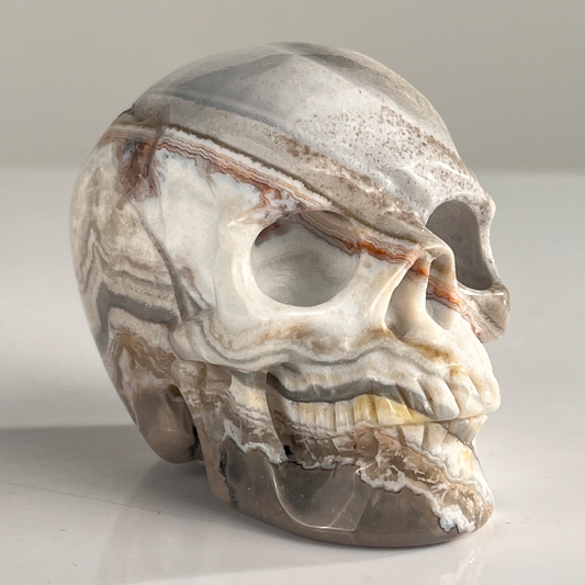 Right-front view of a 3-inch Red Crazy Lace Agate human skull carving