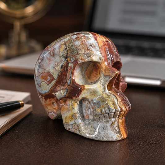 Main view of a 4.5-inch Red Crazy Lace Agate human skull carving