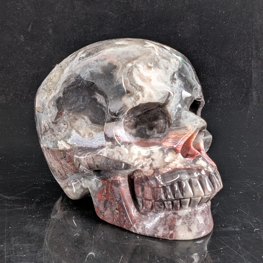 Right-front view of a 4.5-inch Red Crazy Lace Agate human skull carving