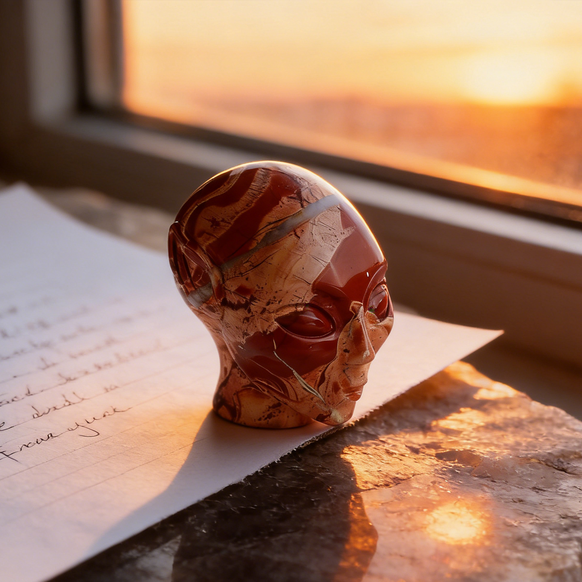 Additional view of a 2-inch Red Jasper alien skull carving