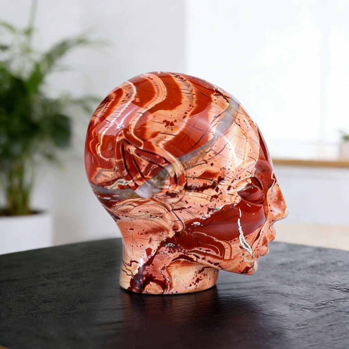 Additional view of a 3-inch Red Jasper alien skull carving
