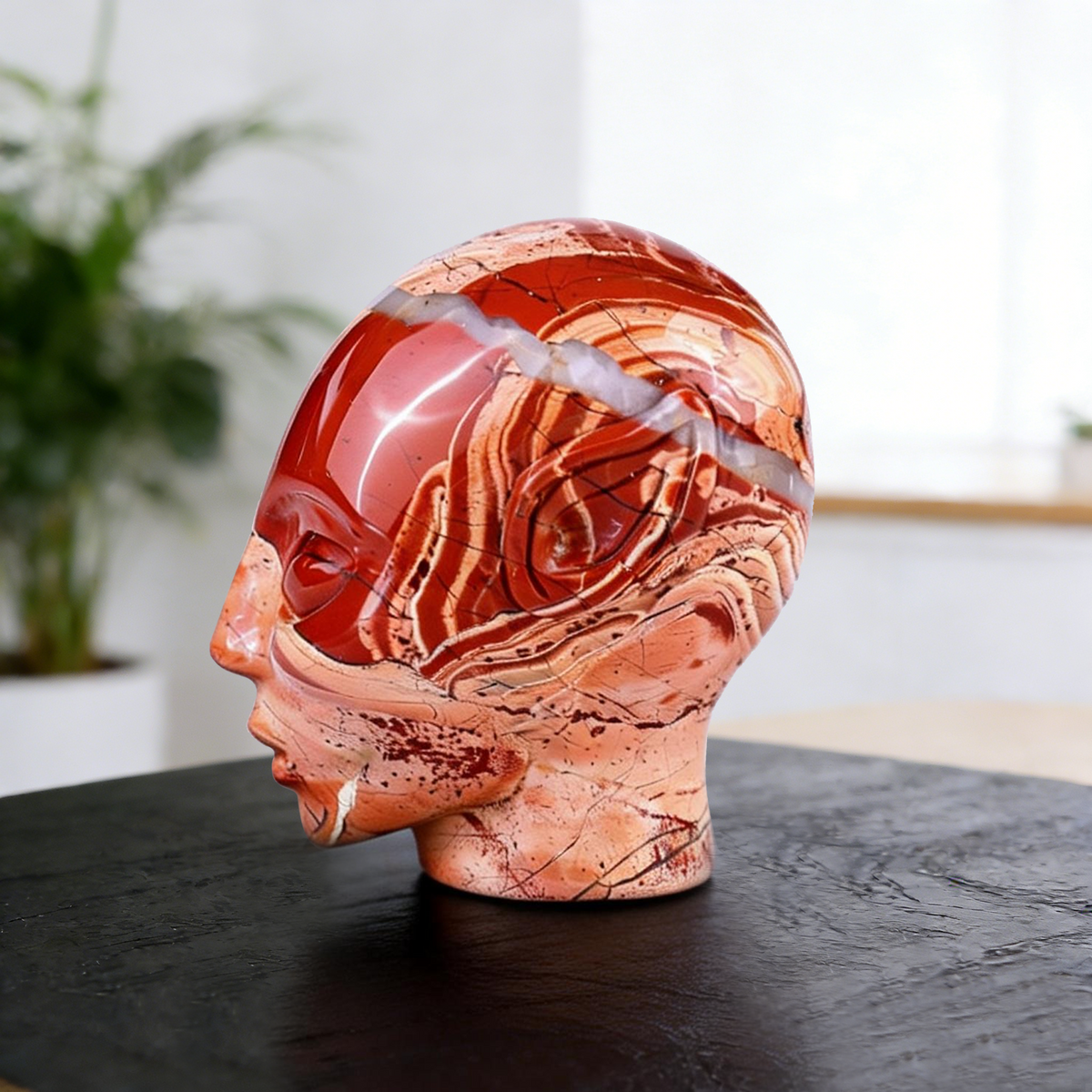 Additional view of a 3-inch Red Jasper alien skull carving