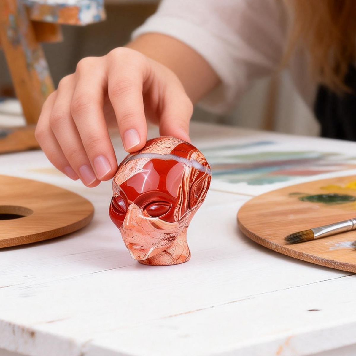 Additional view of a 3-inch Red Jasper alien skull carving