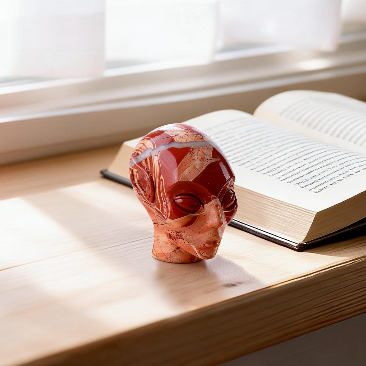 Additional view of a 3-inch Red Jasper alien skull carving