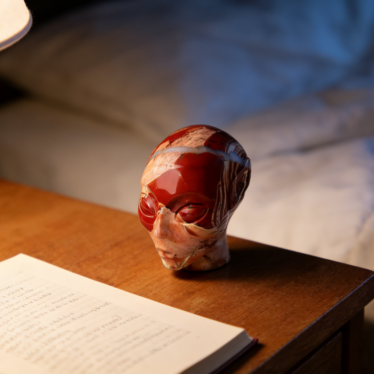 Additional view of a 3-inch Red Jasper alien skull carving
