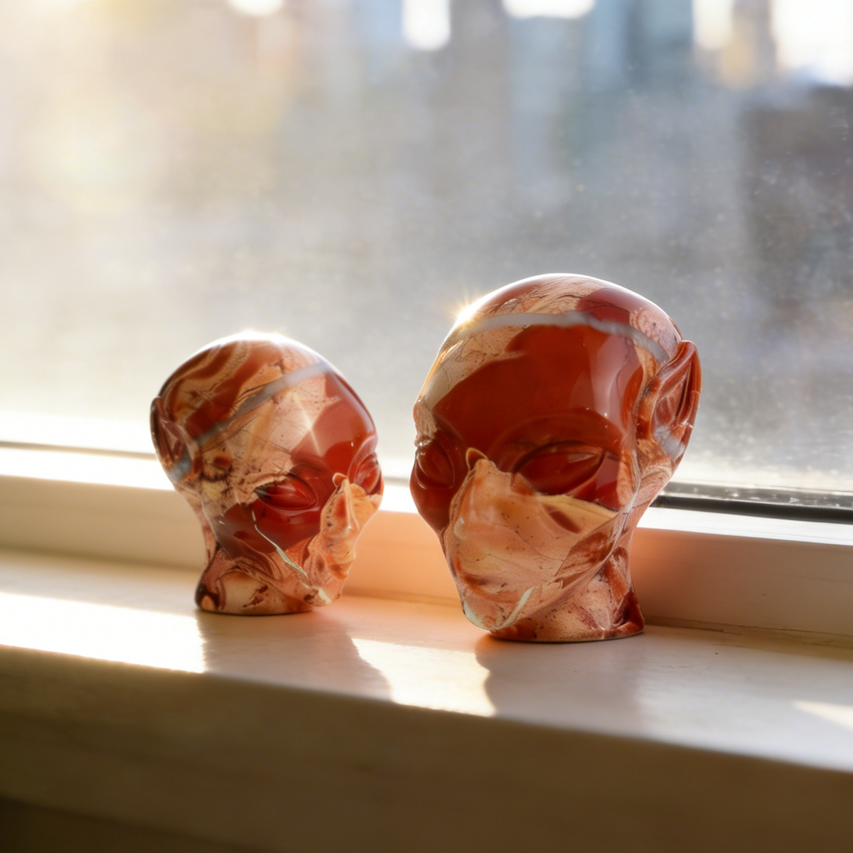 Additional view of a 3-inch Red Jasper alien skull carving