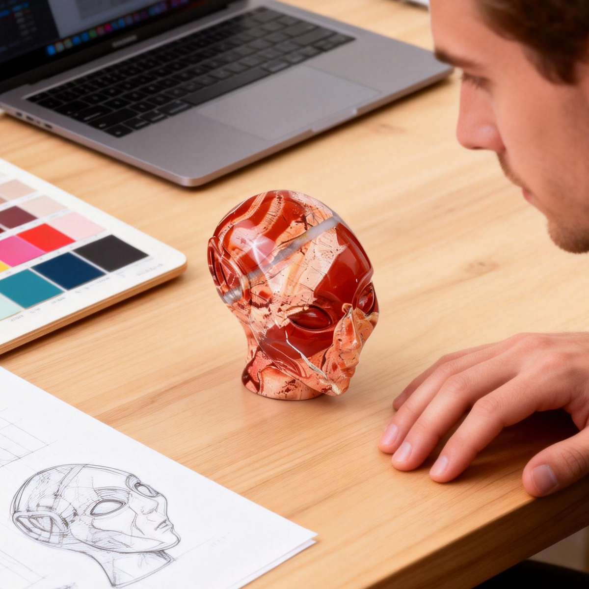 Additional view of a 3.8-inch Red Jasper alien skull carving