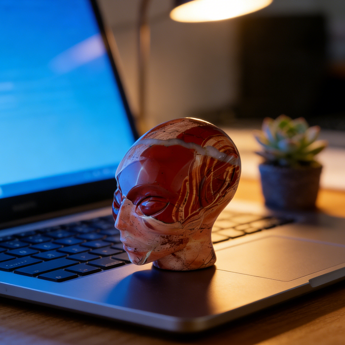 Additional view of a 3.8-inch Red Jasper alien skull carving