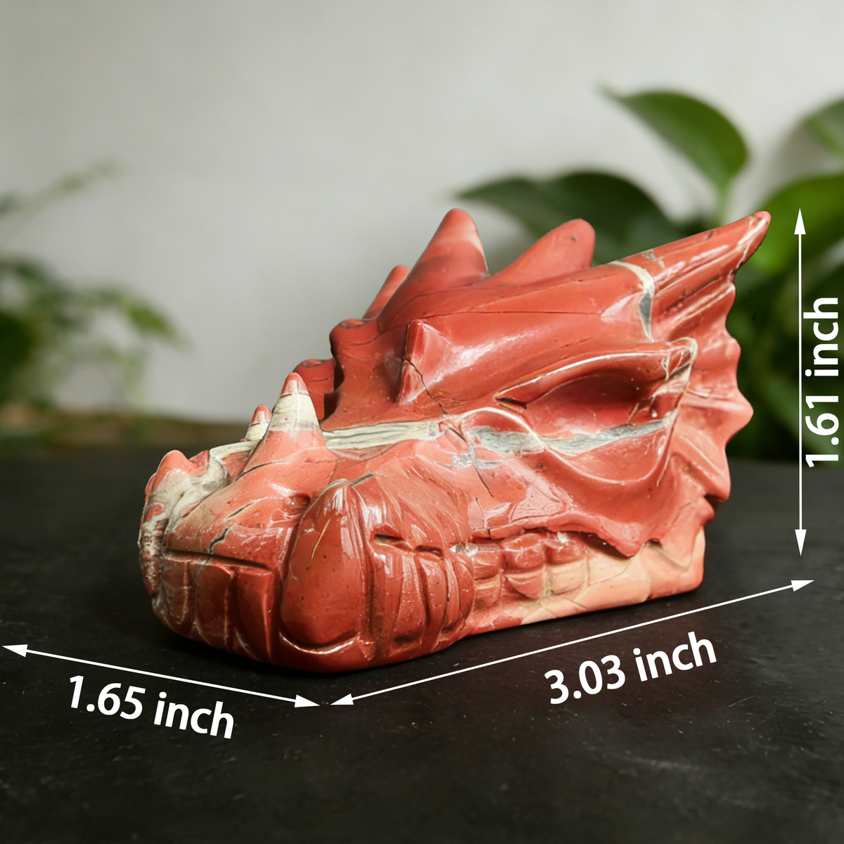 Additional view of a 3-inch Red Jasper dragon skull carving