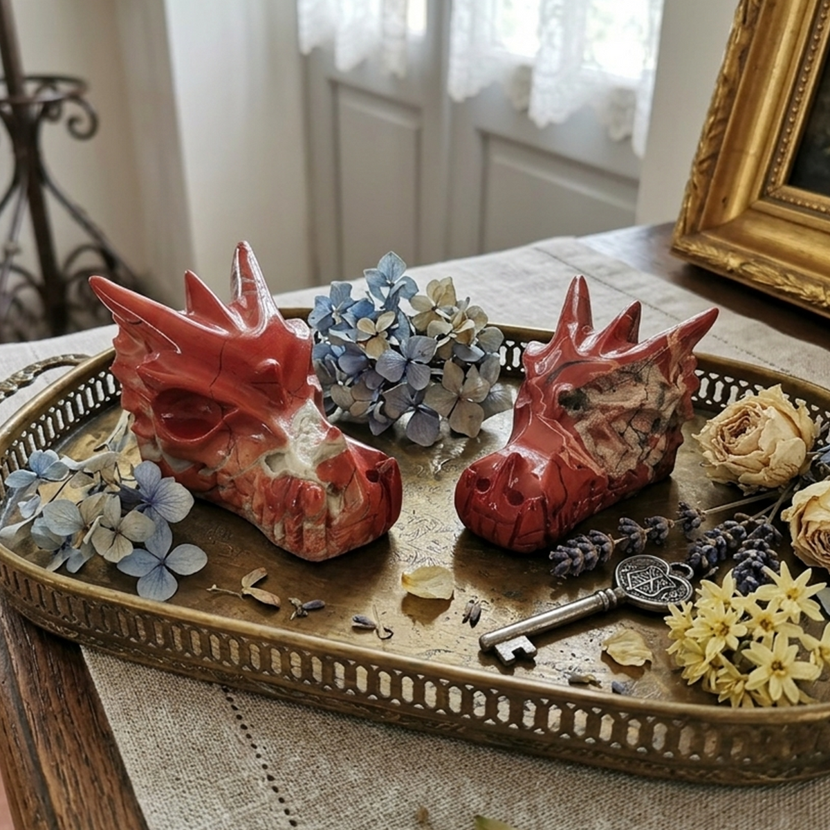 Additional view of a 3-inch Red Jasper dragon skull carving