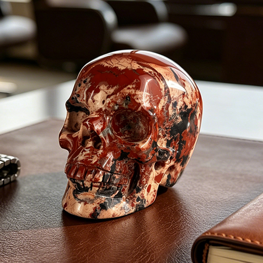 Main view of a 3-inch Red Jasper human skull carving