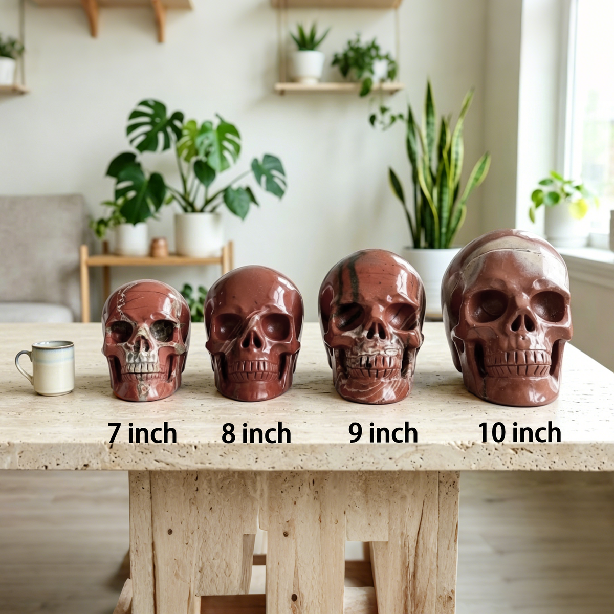 Additional view of a Red Jasper Titan human skull carving, custom-made in sizes from 7 to 14 inches.