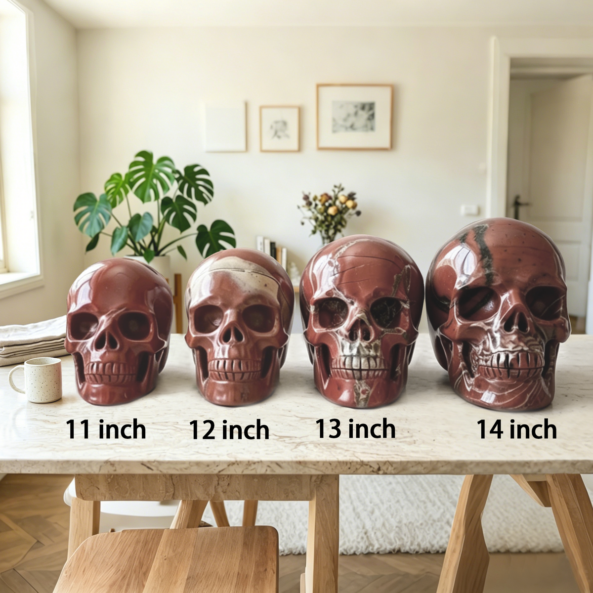 Additional view of a Red Jasper Titan human skull carving, custom-made in sizes from 7 to 14 inches.