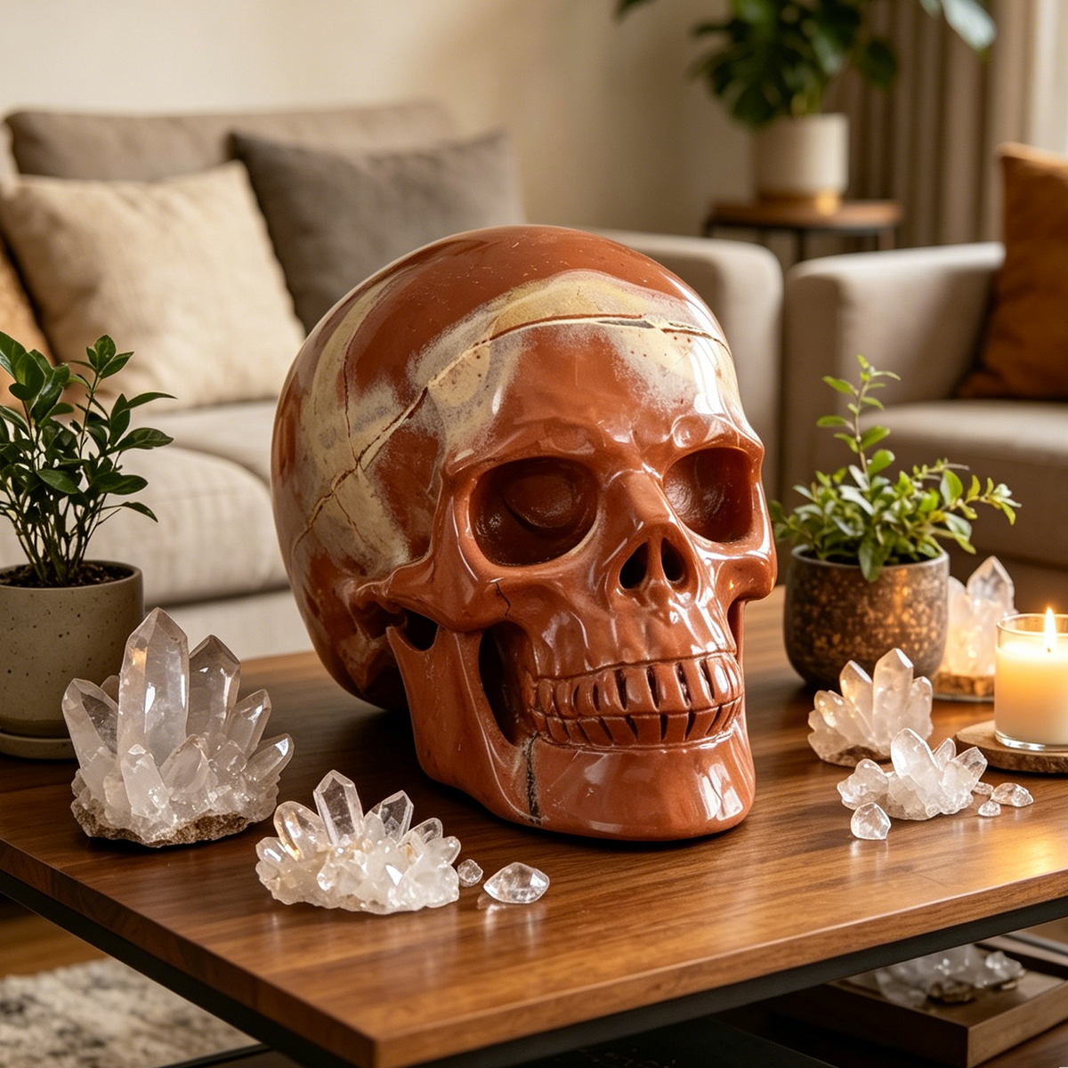 Additional view of a Red Jasper Titan human skull carving, custom-made in sizes from 7 to 14 inches.