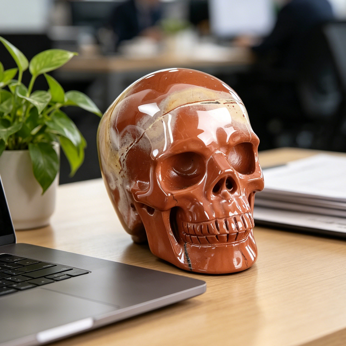 Additional view of a Red Jasper Titan human skull carving, custom-made in sizes from 7 to 14 inches.