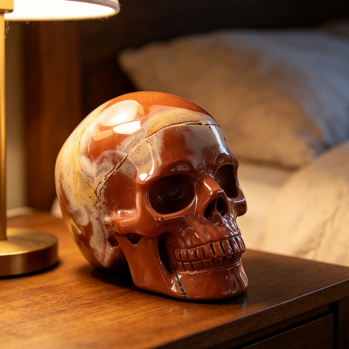 Additional view of a Red Jasper Titan human skull carving, custom-made in sizes from 7 to 14 inches.