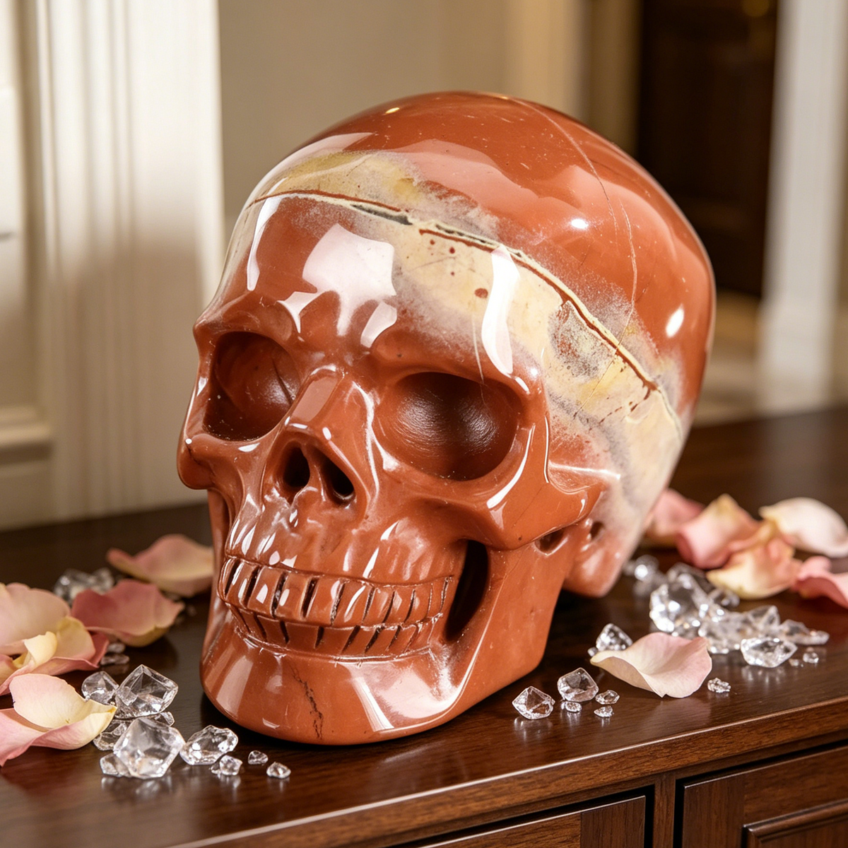Additional view of a Red Jasper Titan human skull carving, custom-made in sizes from 7 to 14 inches.