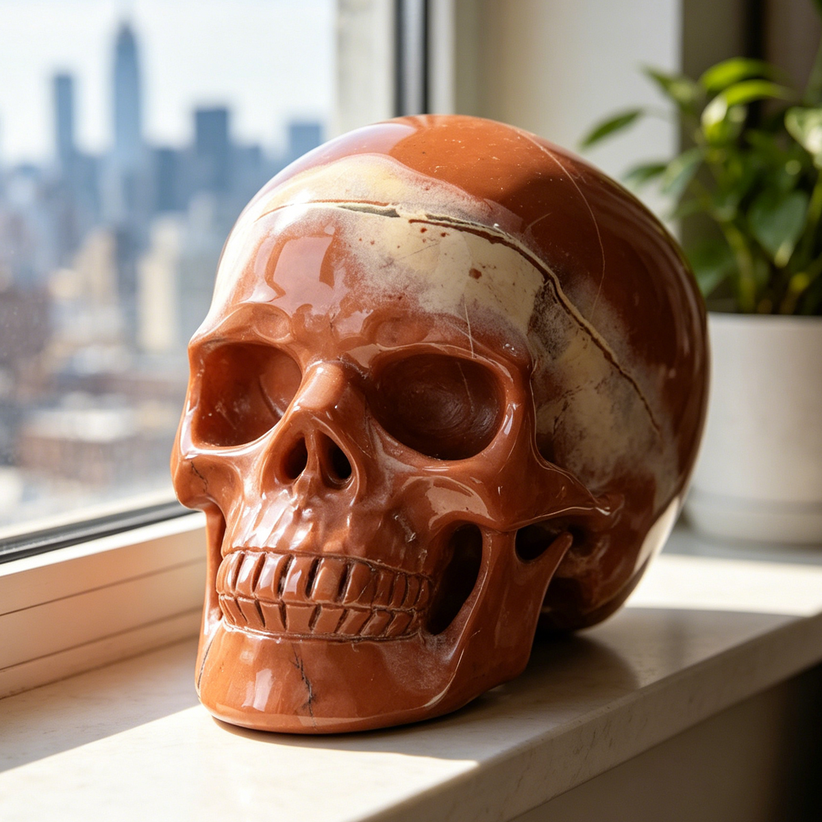 Additional view of a Red Jasper Titan human skull carving, custom-made in sizes from 7 to 14 inches.