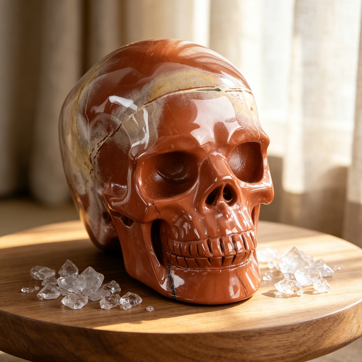 Additional view of a Red Jasper Titan human skull carving, custom-made in sizes from 7 to 14 inches.