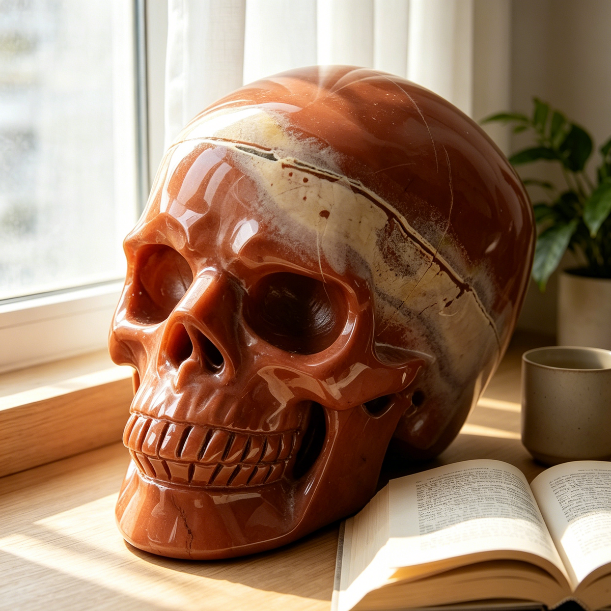 Additional view of a Red Jasper Titan human skull carving, custom-made in sizes from 7 to 14 inches.