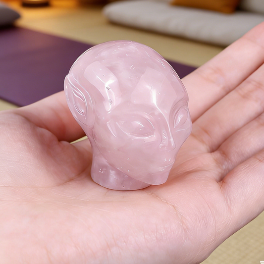 Additional view of a 2-inch Rose Quartz alien skull carving