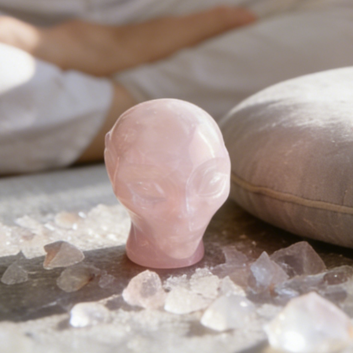 Additional view of a 3.8-inch Rose Quartz alien skull carving