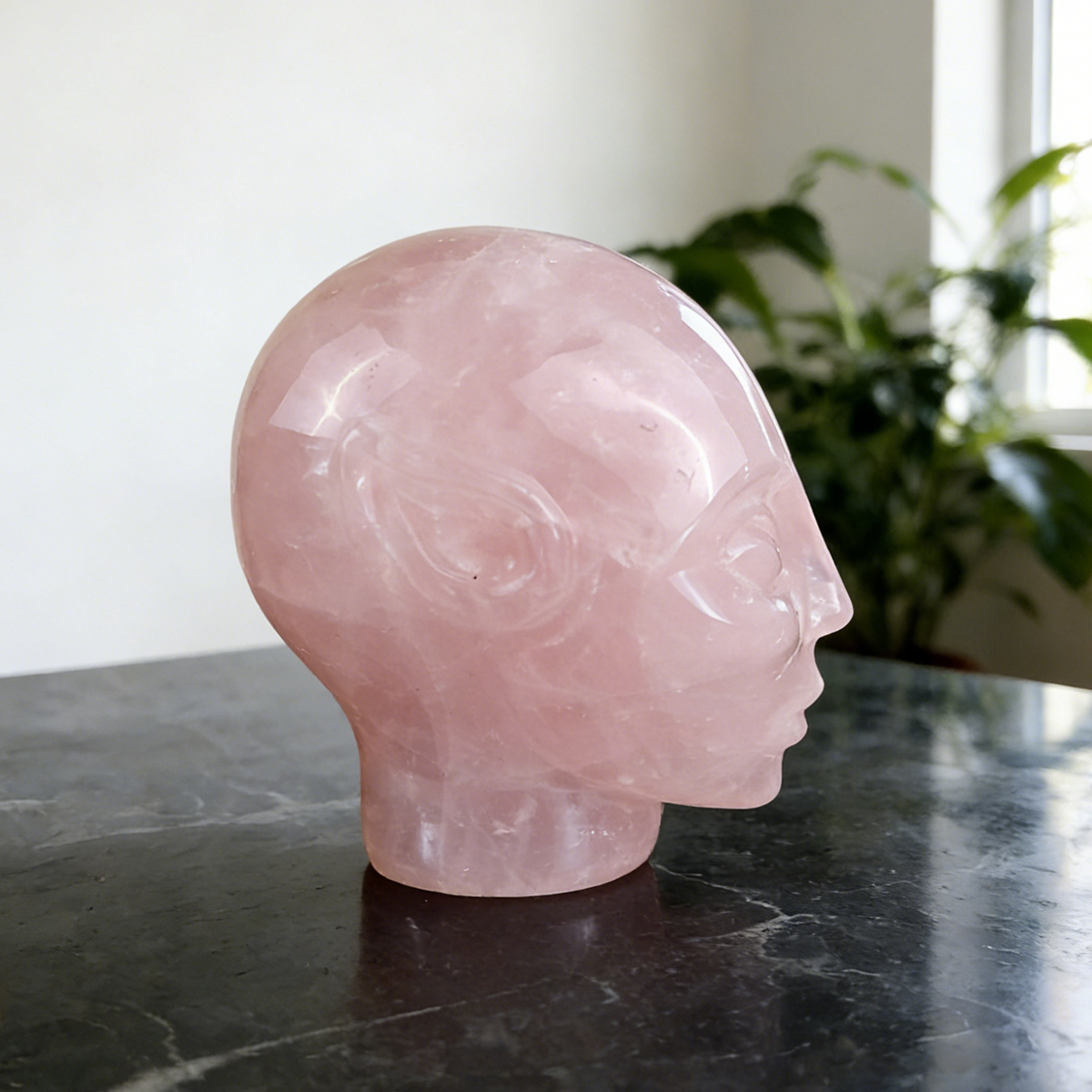 Additional view of a 3.8-inch Rose Quartz alien skull carving