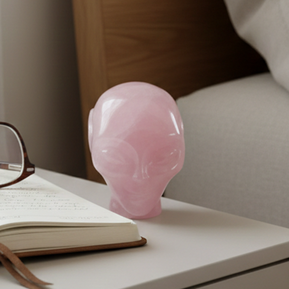 Additional view of a 3.8-inch Rose Quartz alien skull carving