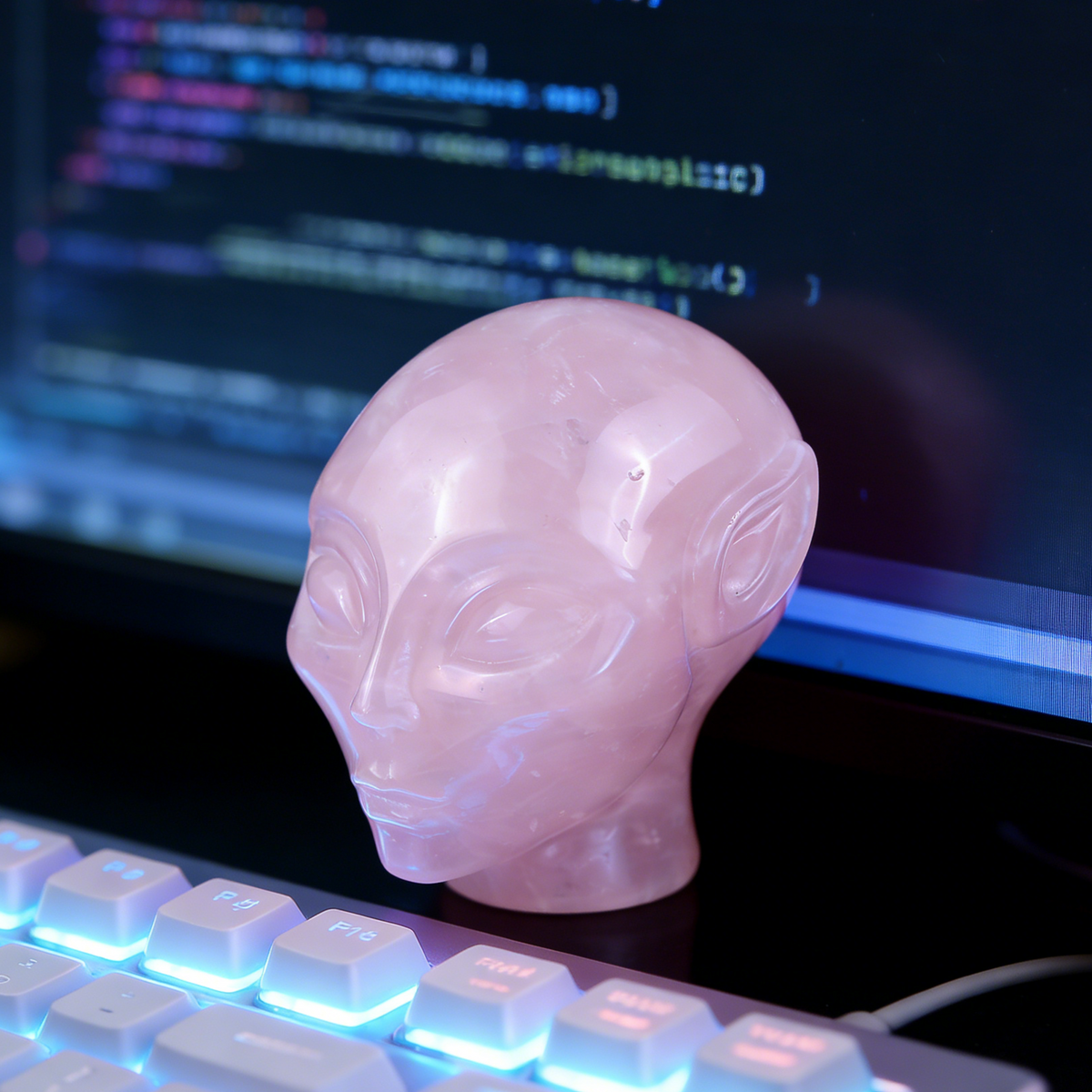 Additional view of a 3.8-inch Rose Quartz alien skull carving