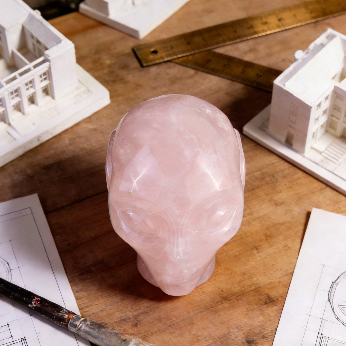 Additional view of a 3.8-inch Rose Quartz alien skull carving