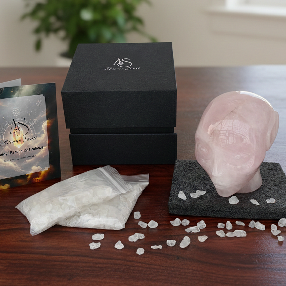 Additional view of a 3.8-inch Rose Quartz alien skull carving