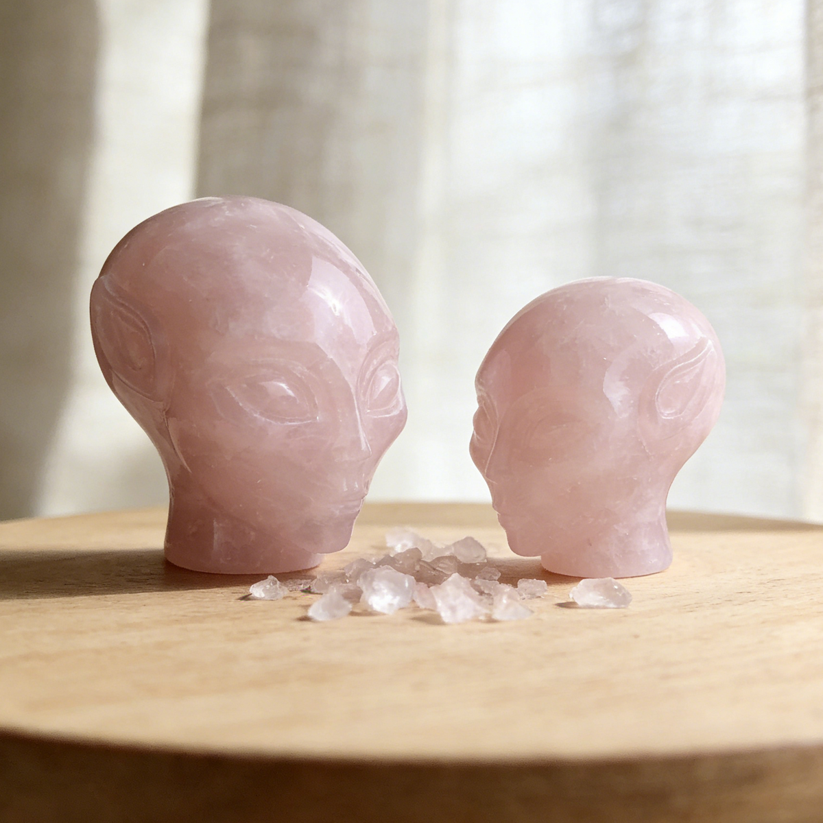 Additional view of a 3.8-inch Rose Quartz alien skull carving
