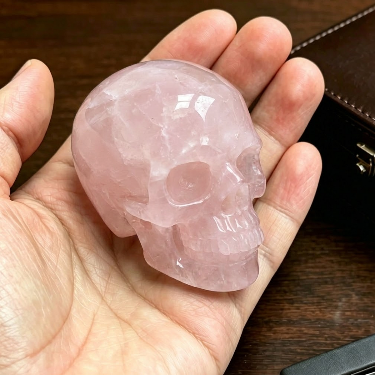 Additional view of a 2-inch Rose Quartz human skull carving