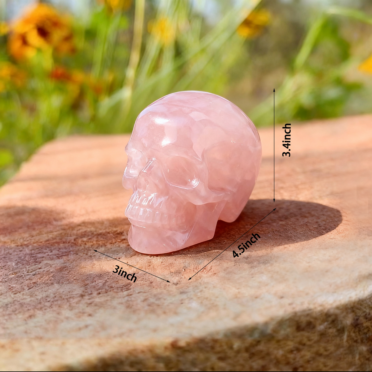 Additional view of a 4.5-inch Rose Quartz human skull carving