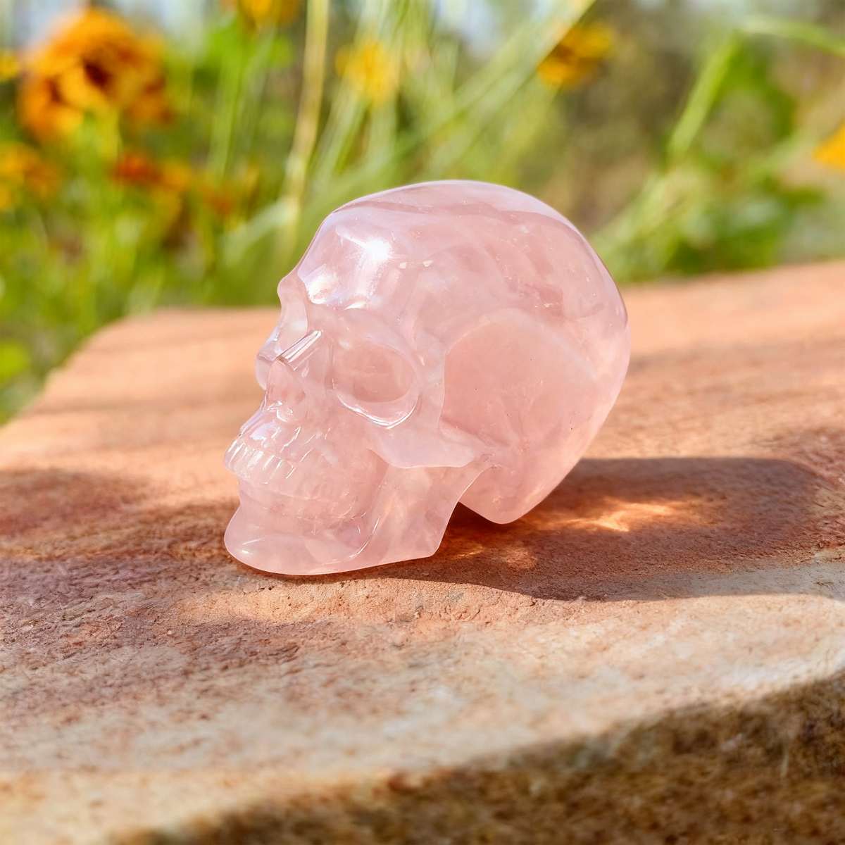 Additional view of a Rose Quartz human skull carving