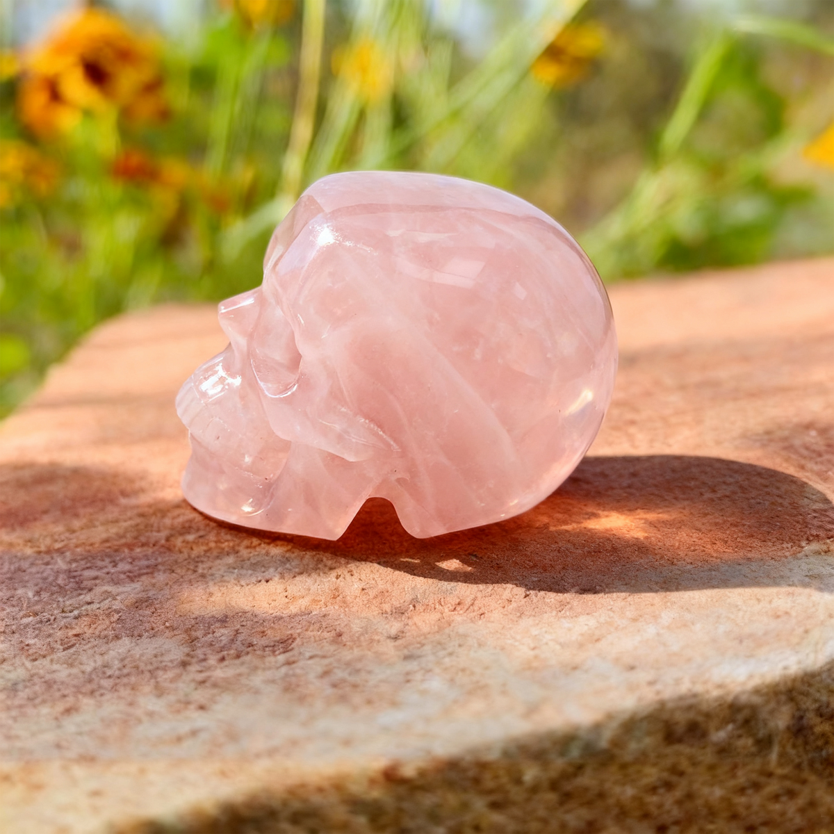 Additional view of a Rose Quartz human skull carving