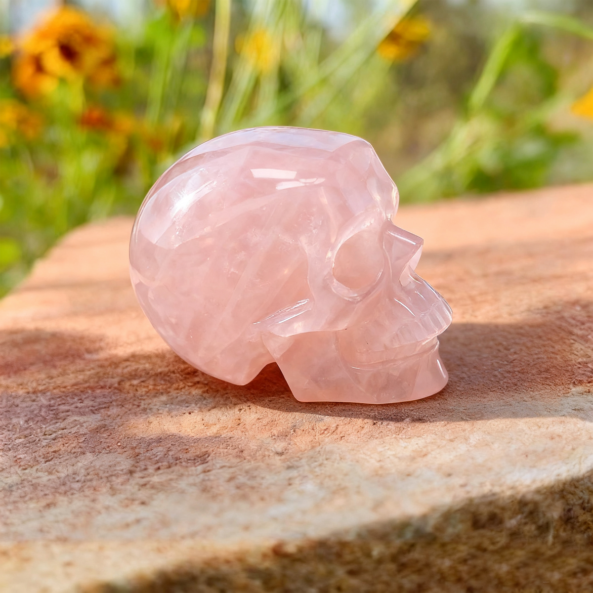 Additional view of a Rose Quartz human skull carving