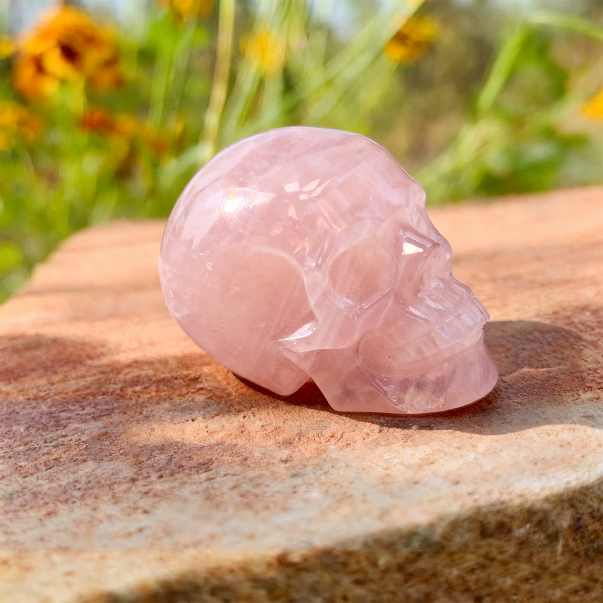 Additional view of a Rose Quartz human skull carving