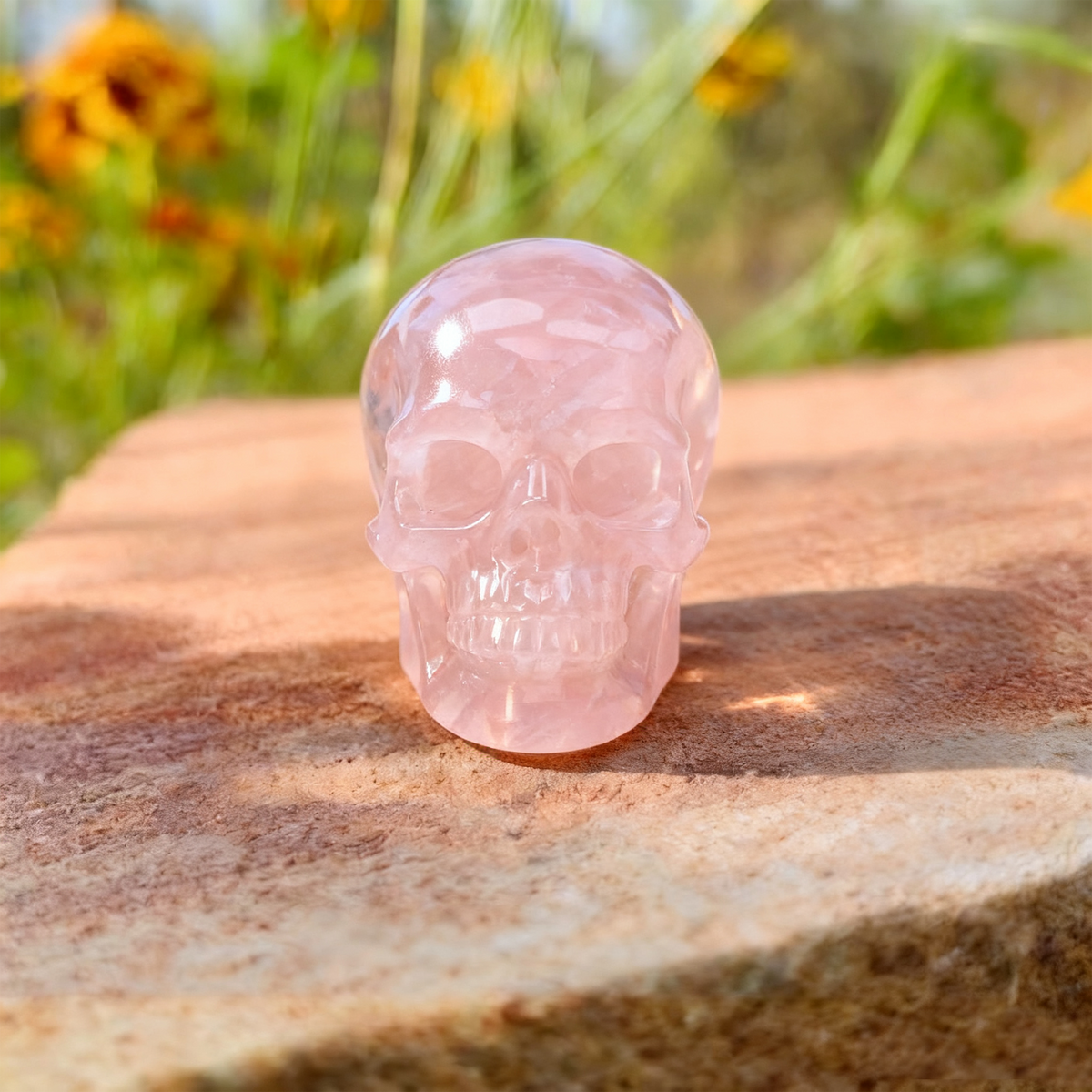 Additional view of a Rose Quartz human skull carving