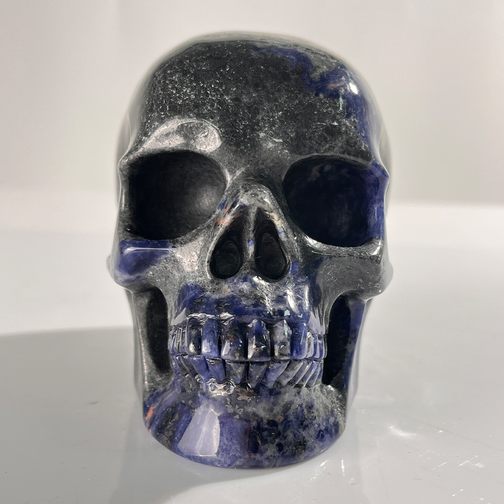 Front view of a 4.5-inch Sodalite human skull carving