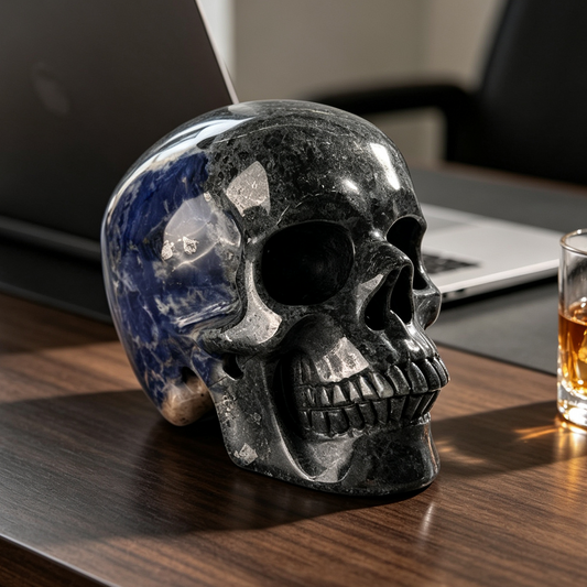 Main view of a 4.5-inch Sodalite human skull carving