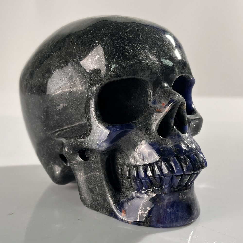 Right-front view of a 4.5-inch Sodalite human skull carving