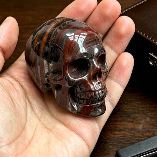 Main view of a 2-inch Tiger Iron human skull carving