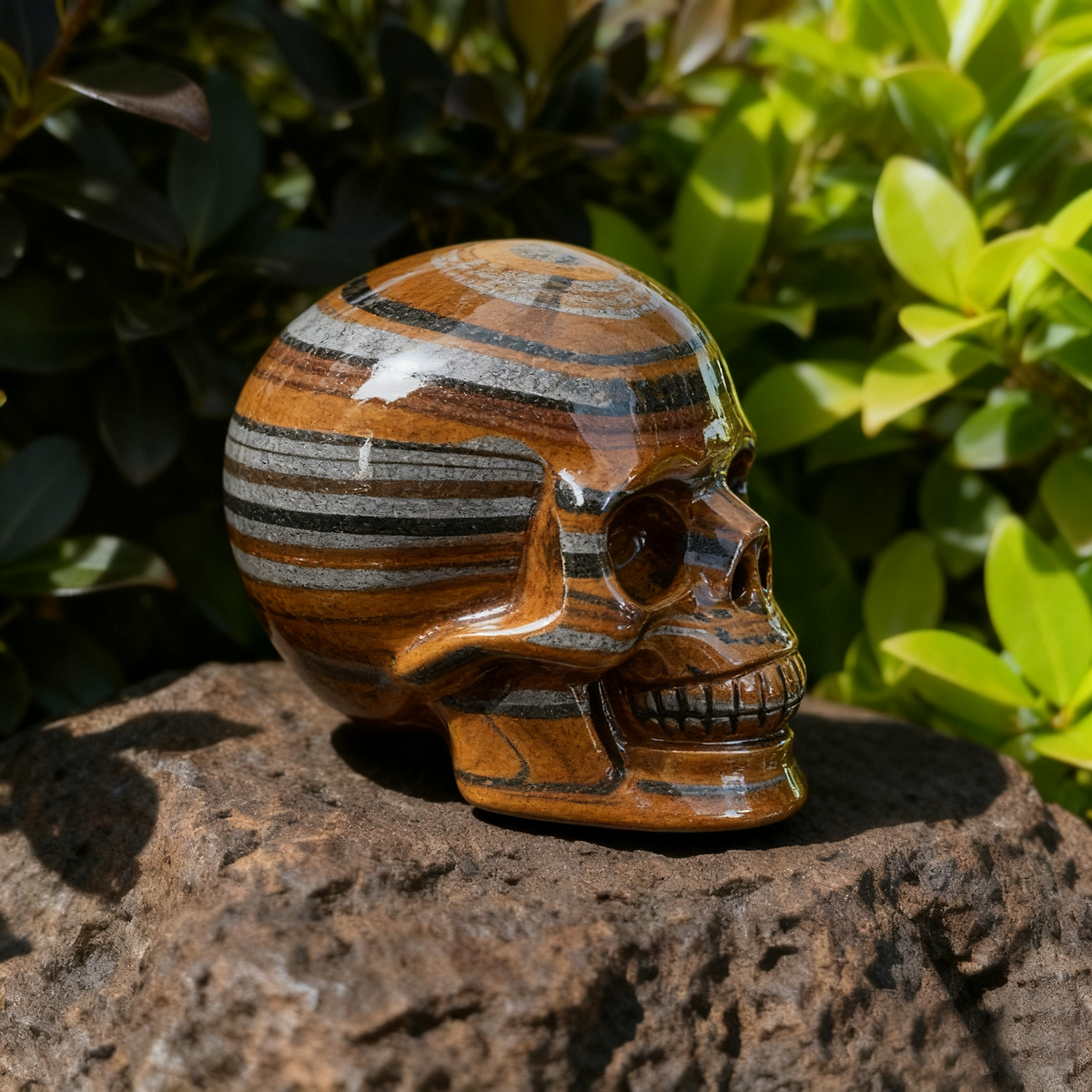 Additional view of a 3-inch Tiger Iron human skull carving