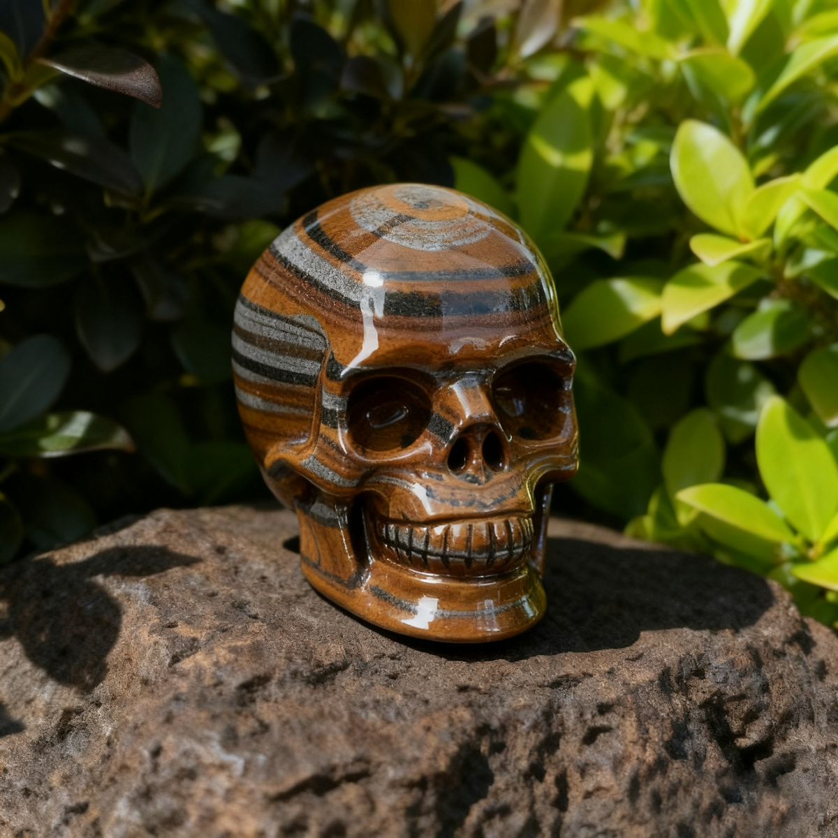 Additional view of a 3-inch Tiger Iron human skull carving