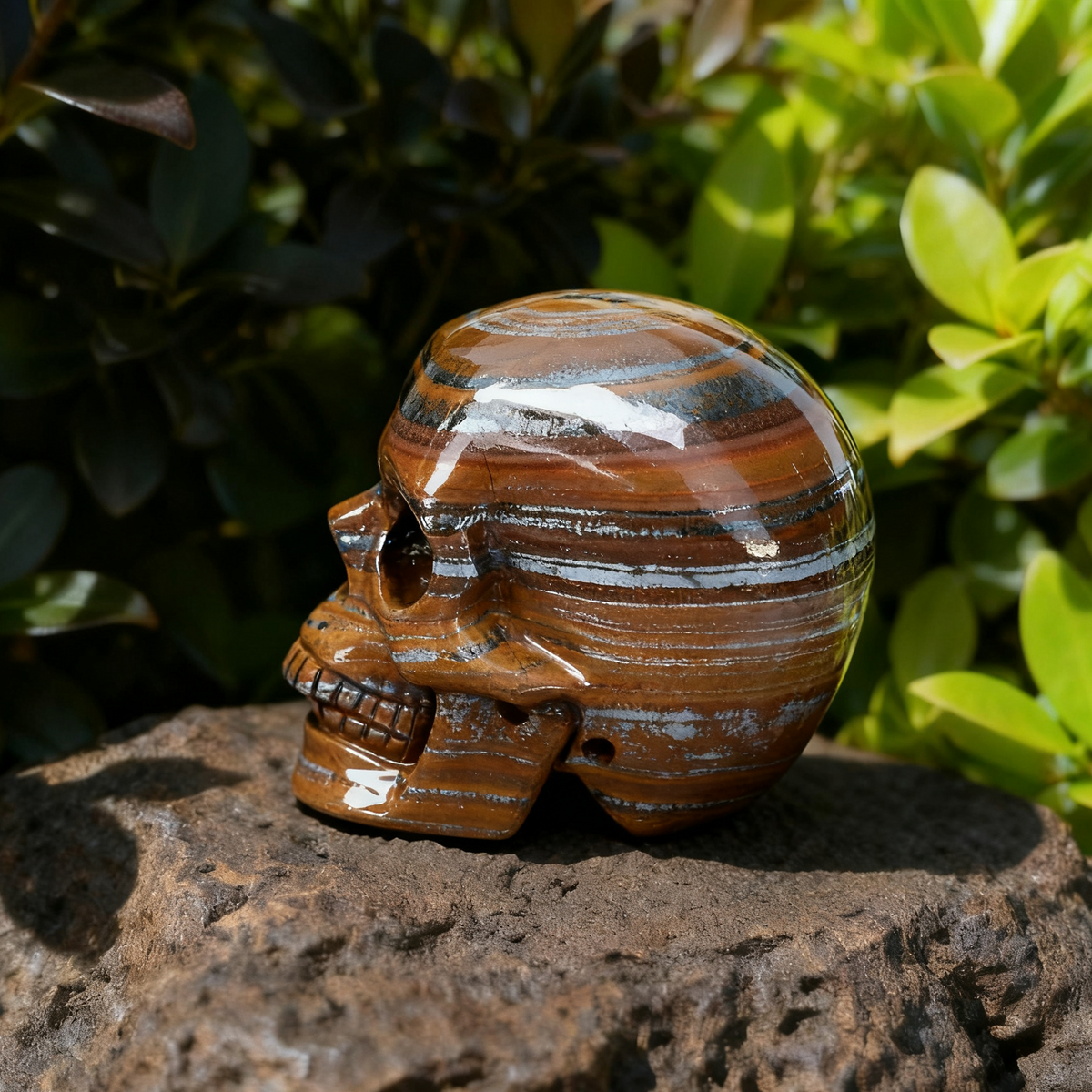 Additional view of a 3-inch Tiger Iron human skull carving