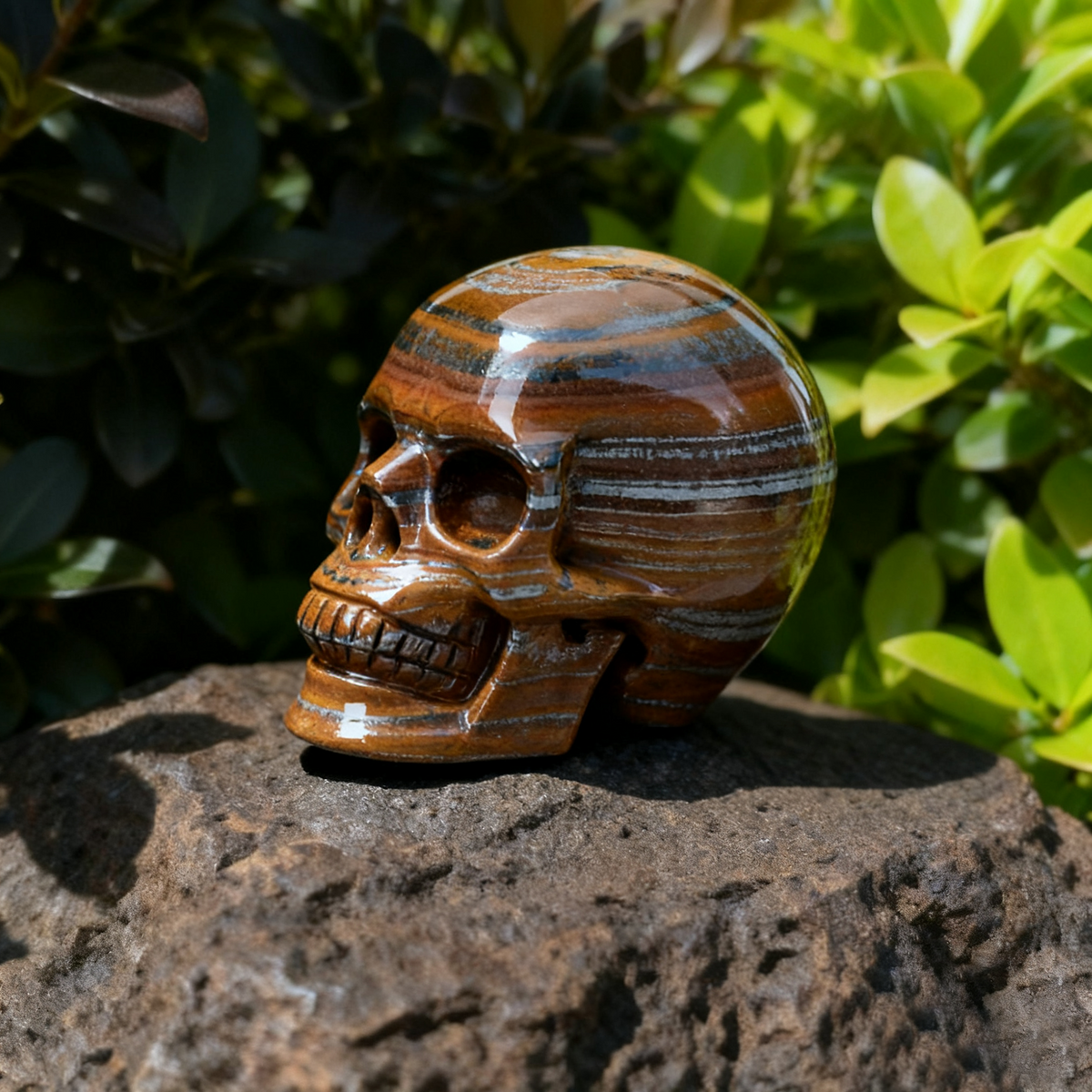Additional view of a 3-inch Tiger Iron human skull carving