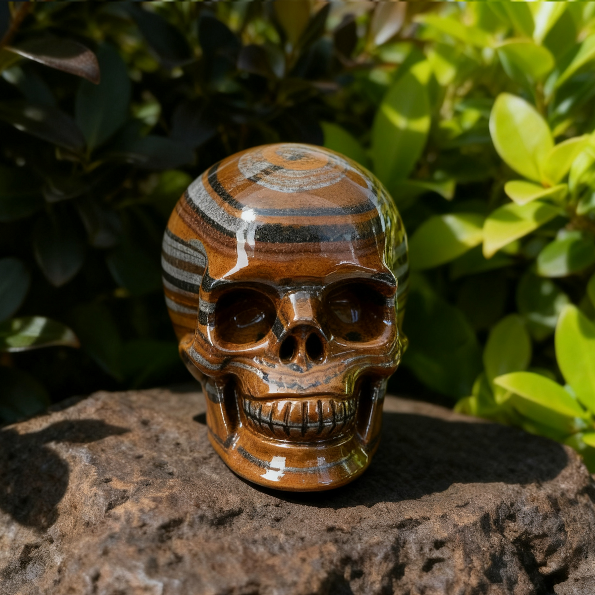 Additional view of a 3-inch Tiger Iron human skull carving