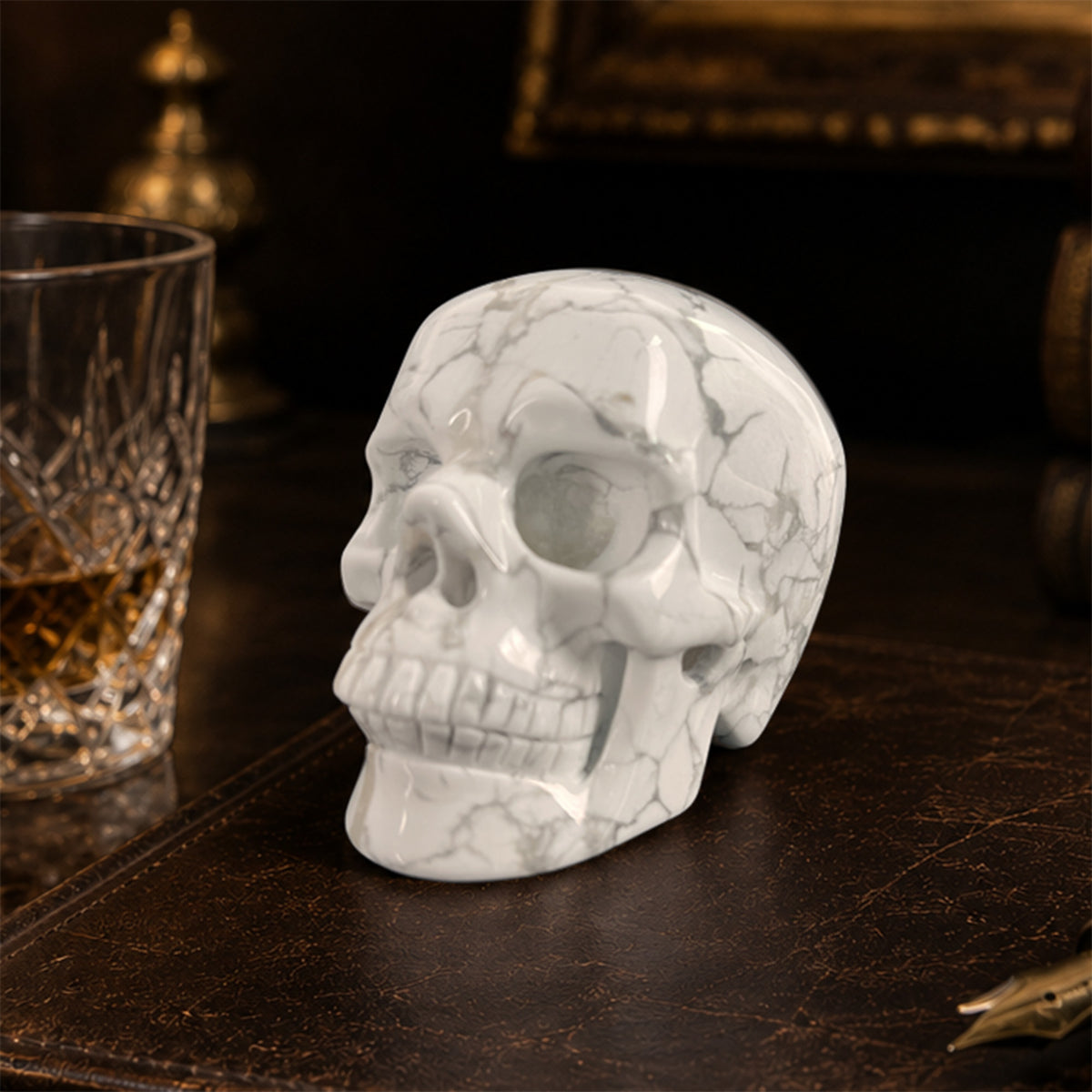 Main view of a 3-inch White Howlite human skull carving